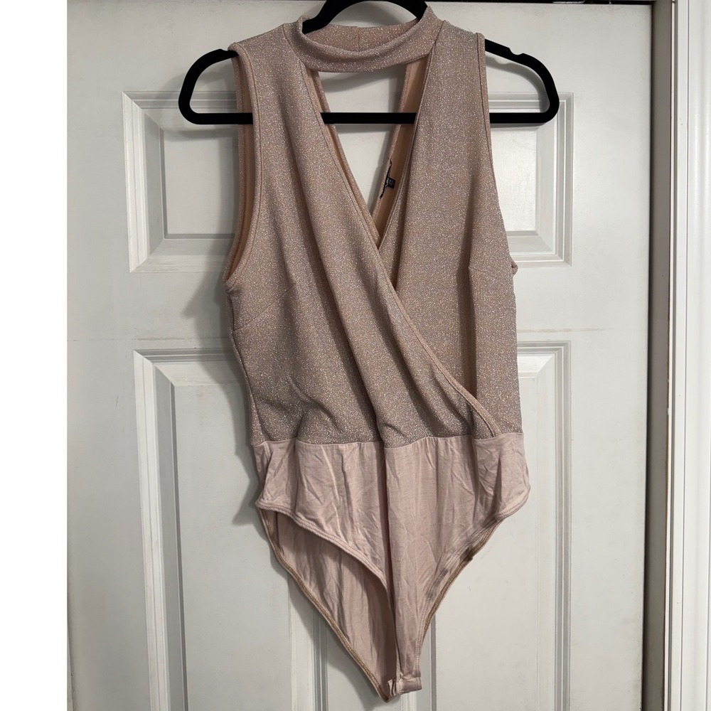 Charlotte Russe Plus Size 2X Metallic Rose Gold Mock Neck Cutout Bodysuit
